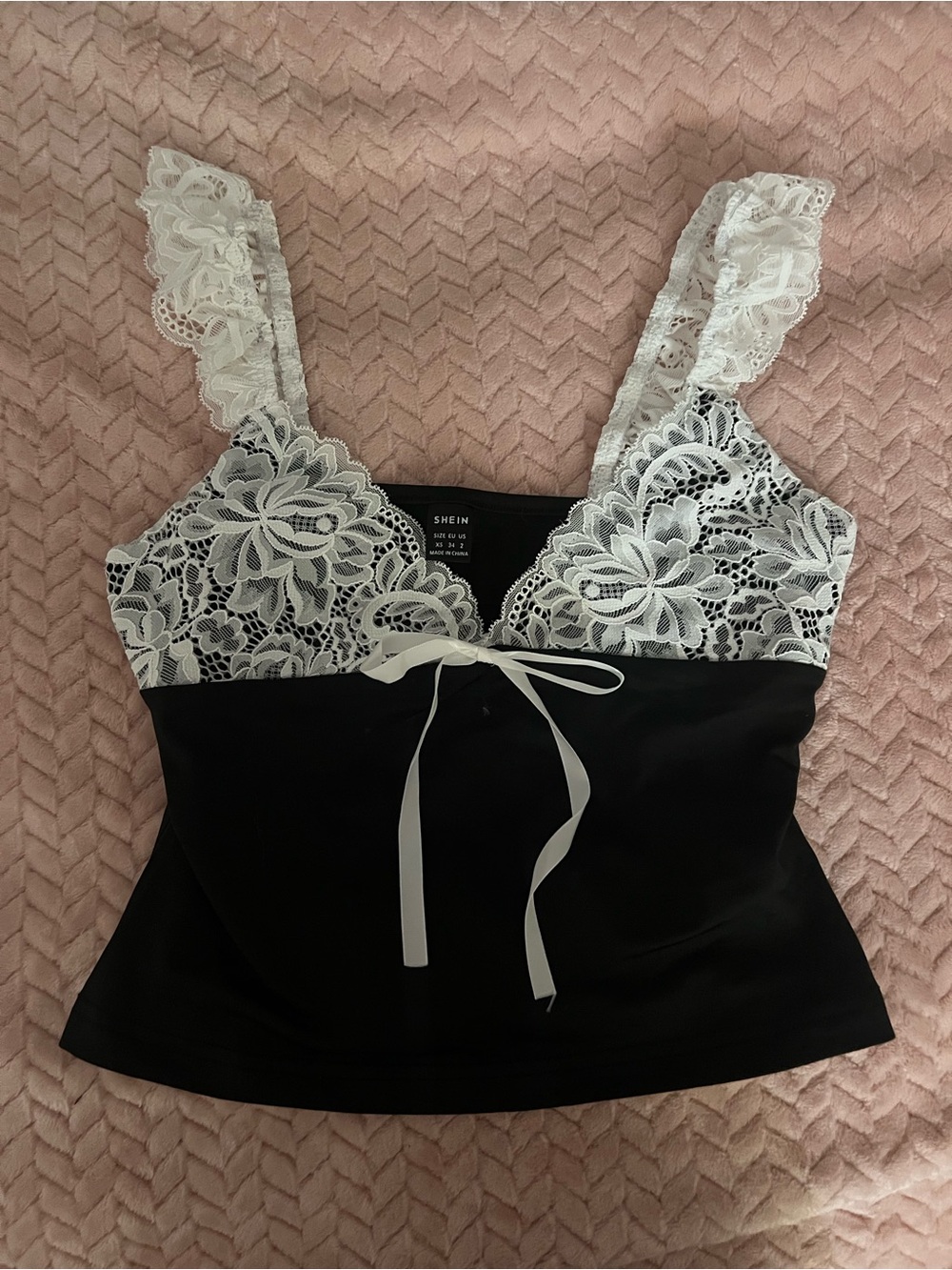 SHEIN Black Cami Top with White Lace Trim